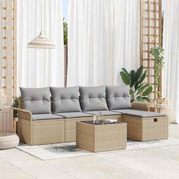 ARDEBO.de - 6-teiliges Garten-Sofaset mit Kissen Beige Poly Rattan, 2-Sitzer Garten-Sofa mit Stauraum & Kissen Beige Poly Rattan