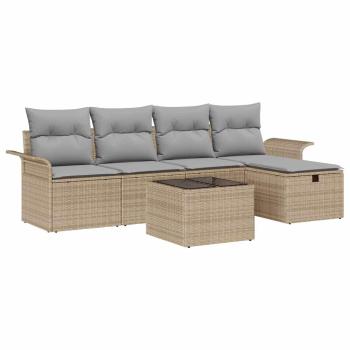 6-teiliges Garten-Sofaset mit Kissen Beige Poly Rattan, 2-Sitzer Garten-Sofa mit Stauraum & Kissen Beige Poly Rattan