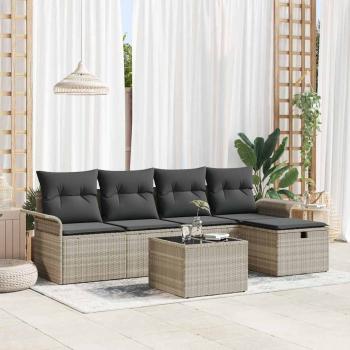 ARDEBO.de - 6-teiliges Garten-Sofa-Set mit Kissen in hellgrauem Poly-Rattan, 2-Sitzer Garten-Sofa mit Stauraum & Kissen in hellgrauem Poly-Rattan