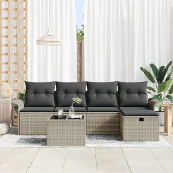 6-teiliges Garten-Sofa-Set mit Kissen in hellgrauem Poly-Rattan, 2-Sitzer Garten-Sofa mit Stauraum & Kissen in hellgrauem Poly-Rattan