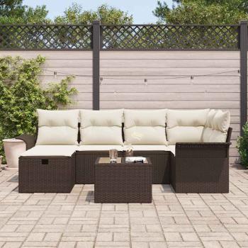 7-tlg. Garten Sofa Set mit Kissen Braun Poly Rattan, 2-Sitzer Garten Sofa mit Stauraum & Kissen Braun Poly Rattan