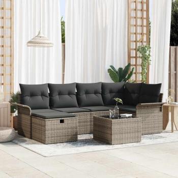 ARDEBO.de - 7-teiliges Garten-Sofa-Set mit Kissen Grau Poly-Rattan, 2-Sitzer Garten-Sofa mit Stauraum & Kissen Grau Poly-Rattan