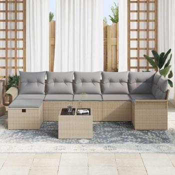 8-teiliges Garten Sofa Set mit Kissen in Beigem Poly Rattan, 2-Sitzer Garten Sofa mit Stauraum & Kissen in Beigem Poly Rattan