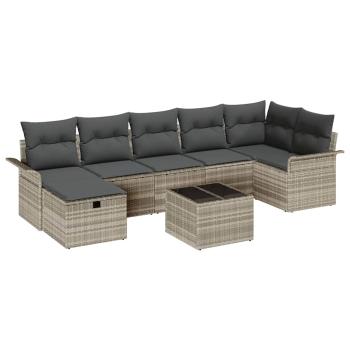 8-teiliges Garten Sofa Set mit Kissen in Hellgrau aus Poly Rattan, 2-Sitzer Garten Sofa mit Stauraum & Kissen in Hellgrau aus Poly Rattan