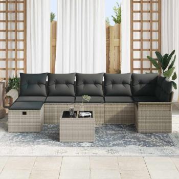 8-teiliges Garten Sofa Set mit Kissen in Hellgrau aus Poly Rattan, 2-Sitzer Garten Sofa mit Stauraum & Kissen in Hellgrau aus Poly Rattan