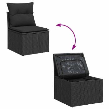 8-teiliges Garten-Sofa-Set mit Kissen Schwarzes Poly-Rattan, 2-Sitzer Garten-Sofa mit Stauraum & Kissen Schwarzes Poly-Rattan
