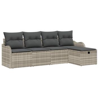 5-teiliges Garten-Sofa-Set mit Kissen Hellgrau Poly-Rattan, 2-Sitzer Garten-Sofa mit Stauraum & Kissen Hellgrau Poly-Rattan