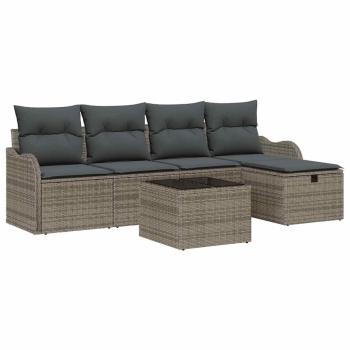 6-teiliges Garten Sofa Set mit Kissen Grau Poly Rattan, 2-Sitzer Garten Sofa mit Stauraum & Kissen Grau Poly Rattan