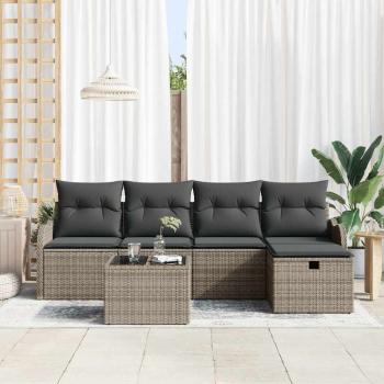 6-teiliges Garten Sofa Set mit Kissen Grau Poly Rattan, 2-Sitzer Garten Sofa mit Stauraum & Kissen Grau Poly Rattan