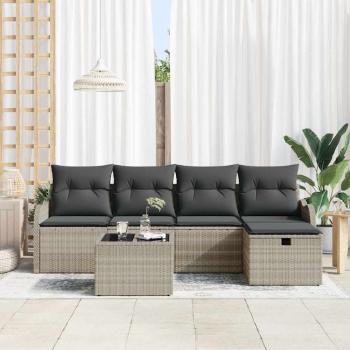 6-teiliges Gartensofa-Set mit Kissen Hellgrau Poly-Rattan, 2-Sitzer Gartensofa mit Stauraum & Kissen Hellgrau Poly-Rattan