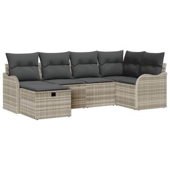 6-teiliges Garten-Sofa-Set mit Kissen, hellgraues Poly-Rattan, 2-Sitzer Garten-Sofa mit Stauraum & Kissen, hellgraues Poly-Rattan