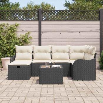 7-teiliges Garten Sofa Set mit Kissen Schwarz Poly Rattan, 2-Sitzer Garten Sofa mit Stauraum und Kissen Schwarz Poly Rattan