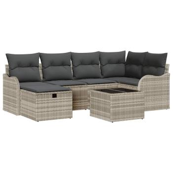 7-teiliges Garten Sofa Set mit Kissen Hellgrau Poly Rattan, 2-Sitzer Garten Sofa mit Stauraum & Kissen Hellgrau Poly Rattan
