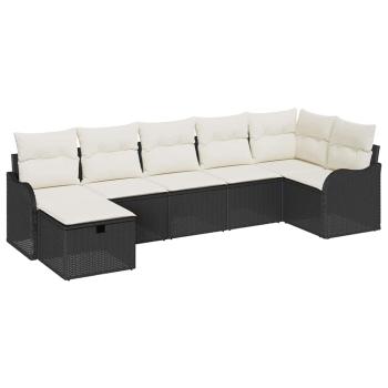7-teiliges Garten Sofa Set mit Kissen Schwarz Poly-Rattan, 2-Sitzer Garten Sofa mit Stauraum & Kissen Schwarz Poly-Rattan