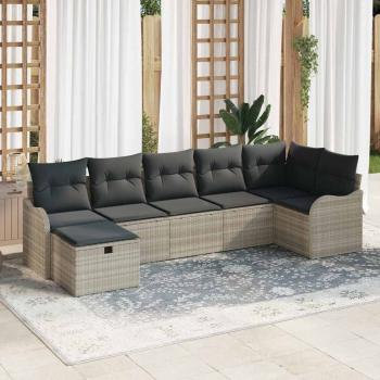 ARDEBO.de - 7-teiliges Garten-Sofa-Set mit Kissen Hellgrau Poly-Rattan, 2-Sitzer Garten-Sofa mit Stauraum & Kissen Hellgrau Poly-Rattan