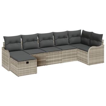 7-teiliges Garten-Sofa-Set mit Kissen Hellgrau Poly-Rattan, 2-Sitzer Garten-Sofa mit Stauraum & Kissen Hellgrau Poly-Rattan