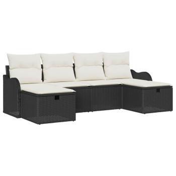 6-teiliges Garten Sofa Set mit Kissen Schwarz Poly Rattan, 2-Sitzer Garten Sofa mit Stauraum und Kissen Schwarz Poly Rattan