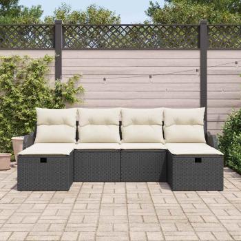 6-teiliges Garten Sofa Set mit Kissen Schwarz Poly Rattan, 2-Sitzer Garten Sofa mit Stauraum und Kissen Schwarz Poly Rattan