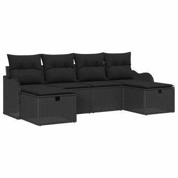 6-teiliges Garten Sofa Set mit Kissen Schwarz Poly Rattan, 2-Sitzer Garten Sofa mit Stauraum & Kissen Schwarz Poly Rattan