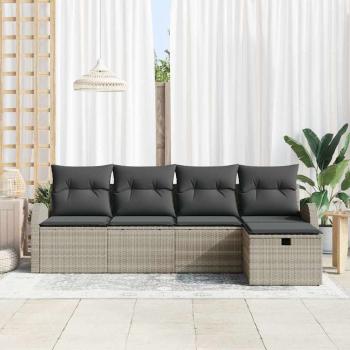 5-teiliges Garten-Sofa-Set mit Kissen Hellgrau Poly-Rattan, 2-Sitzer Garten-Sofa mit Stauraum & Kissen Hellgrau Poly-Rattan