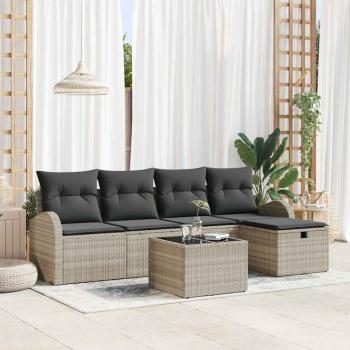 ARDEBO.de - 6-teiliges Garten Sofa Set mit Kissen Hellgrau Poly-Rattan, 2-Sitzer Garten Sofa mit Stauraum & Kissen Hellgrau Poly-Rattan