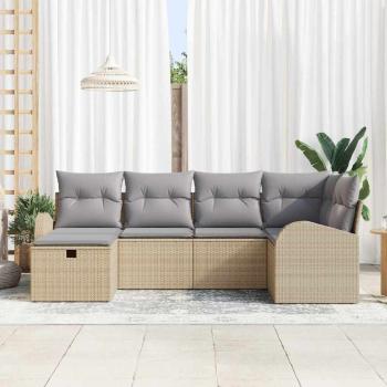 6-teiliges Garten Sofa Set mit Kissen Beige Poly Rattan, 2-Sitzer Garten Sofa mit Stauraum & Kissen Beige Poly Rattan