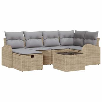 7-teiliges Garten-Sofa-Set mit Kissen Beige Poly Rattan, 2-Sitzer Garten-Sofa mit Stauraum & Kissen Beige Poly Rattan