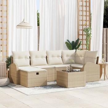 ARDEBO.de - 7-teiliges Garten Sofa Set mit Kissen Beige Poly Rattan, 2-Sitzer Garten Sofa mit Stauraum & Kissen Beige Poly Rattan