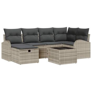 7-teiliges Garten-Sofa-Set mit Kissen Hellgrau Poly-Rattan, 2-Sitzer Garten-Sofa mit Stauraum & Kissen Hellgrau Poly-Rattan