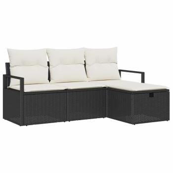 4-teiliges Garten Sofa Set mit Kissen Schwarz Poly Rattan, 2-Sitzer Garten Sofa mit Stauraum & Kissen Schwarz Poly Rattan