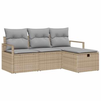 4-teiliges Garten-Sofa-Set mit Kissen Beige Poly-Rattan, 2-Sitzer Garten-Sofa mit Stauraum & Kissen Beige Poly-Rattan