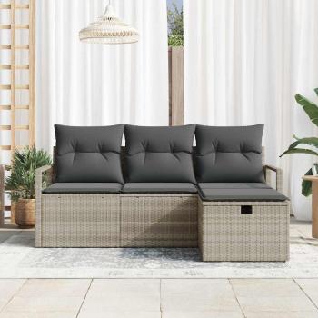 4-teiliges Garten Sofa Set mit Kissen Hellgrau Poly Rattan, 2-Sitzer Garten Sofa mit Stauraum & Kissen Grau Poly Rattan