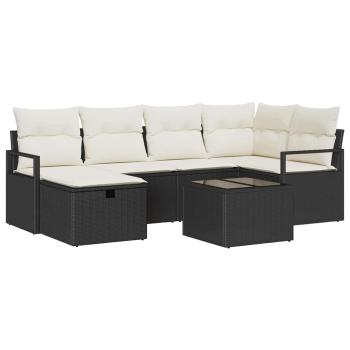7-teiliges Garten-Sofa-Set mit Kissen Schwarzes Poly-Rattan, 2-Sitzer Garten-Sofa mit Stauraum & Kissen Schwarzes Poly-Rattan
