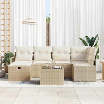 7-teiliges Garten-Sofa-Set mit Kissen Beige Poly Rattan, 2-Sitzer Garten-Sofa mit Stauraum & Kissen Beige Poly Rattan