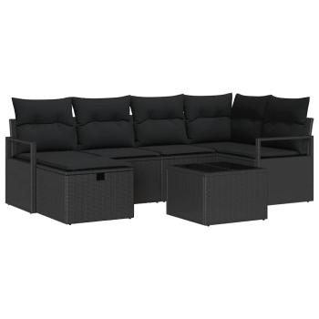 7-teiliges Garten-Sofa-Set mit Kissen Schwarz Poly Rattan, 2-Sitzer Garten-Sofa mit Stauraum & Kissen Schwarz Poly Rattan