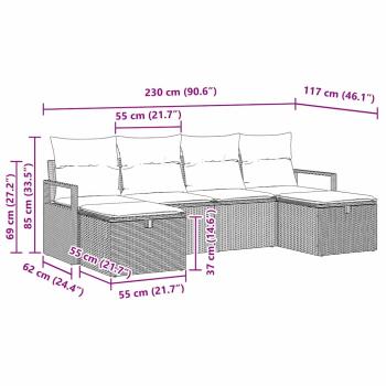 6-teiliges Garten Sofa Set mit Kissen Grau Poly Rattan, 2-Sitzer Garten Sofa mit Stauraum & Kissen Grau Poly Rattan