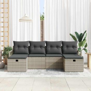 6-teiliges Garten-Sofaset mit Kissen Hellgrau Poly-Rattan, 2-Sitzer Garten-Sofa mit Stauraum & Kissen Grau Poly-Rattan
