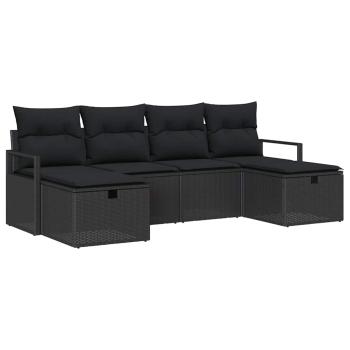 6-teiliges Garten Sofa Set mit Kissen Schwarz Poly Rattan, 2-Sitzer Garten Sofa mit Stauraum & Kissen Schwarz Poly Rattan