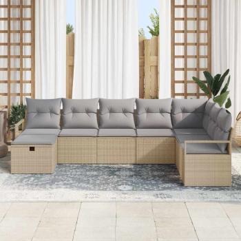 8-teiliges Garten-Sofa-Set mit Kissen in Beige aus Poly Rattan, 2-sitziges Garten-Sofa mit Stauraum und Kissen in Beige aus Poly Rattan