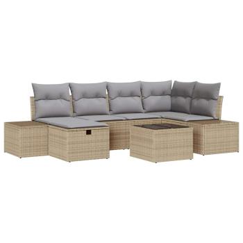 7-teiliges Garten Sofa Set mit Kissen Beige Poly Rattan