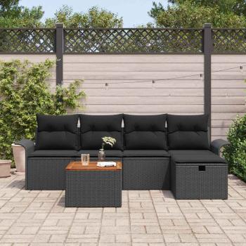 6-teiliges Garten-Sofa-Set mit Kissen, schwarzes Poly-Rattan, 2-Sitzer Garten-Sofa mit Stauraum und Kissen, schwarzes Poly-Rattan