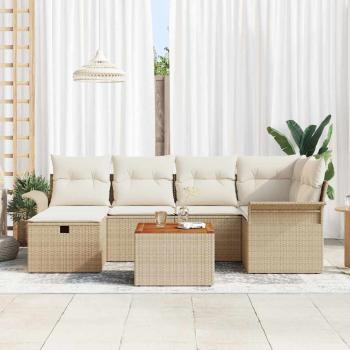 7-teiliges Garten Sofa Set mit Kissen Beige Poly Rattan, 2-Sitzer Garten Sofa mit Stauraum & Kissen Beige Poly Rattan