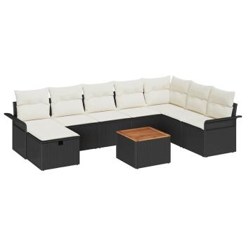 9-teiliges Garten-Sofa-Set mit Kissen Schwarz Poly Rattan, 2-Sitzer Garten-Sofa mit Stauraum & Kissen Schwarz Poly Rattan