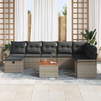 ARDEBO.de - 9-teiliges Garten Sofa Set mit Kissen Grau Poly Rattan, 2-Sitzer Garten Sofa mit Stauraum & Kissen Grau Poly Rattan