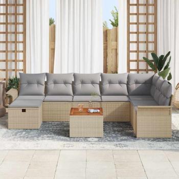 9-teilige Garten-Sofa-Set mit Kissen Beige Poly Rattan, 2-Sitzer Garten-Sofa mit Stauraum & Kissen Beige Poly Rattan