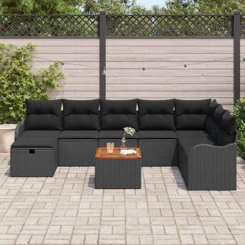 9-teiliges Garten Sofa Set mit Kissen Schwarz Poly Rattan, 2-Sitzer Garten Sofa mit Stauraum & Kissen Schwarz Poly Rattan