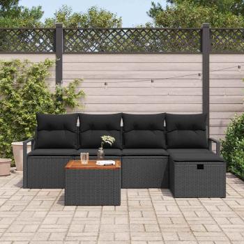 6-teiliges Garten Sofa Set mit Kissen Schwarz Poly Rattan, 2-Sitzer Garten Sofa mit Stauraum & Kissen Schwarz Poly Rattan
