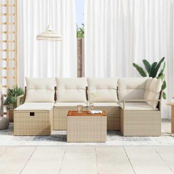 7-teilige Garten Sofa Set mit Kissen Beige Poly Rattan, 2-Sitzer Garten Sofa mit Stauraum & Kissen Beige Poly Rattan