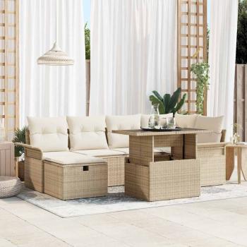 ARDEBO.de - 7-teiliges Garten Sofa Set mit Kissen Beige Poly Rattan, 2-Sitzer Garten Sofa mit Stauraum & Kissen Beige Poly Rattan