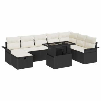 9-teiliges Garten Sofa Set mit Kissen - Schwarz Poly Rattan, 2-Sitzer Garten Sofa mit Stauraum & Kissen - Schwarz Poly Rattan